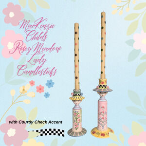 Mackenzie Childs Rosy Meadow Lady Candle Holders & Pastel Dot Tapers - Set of 2